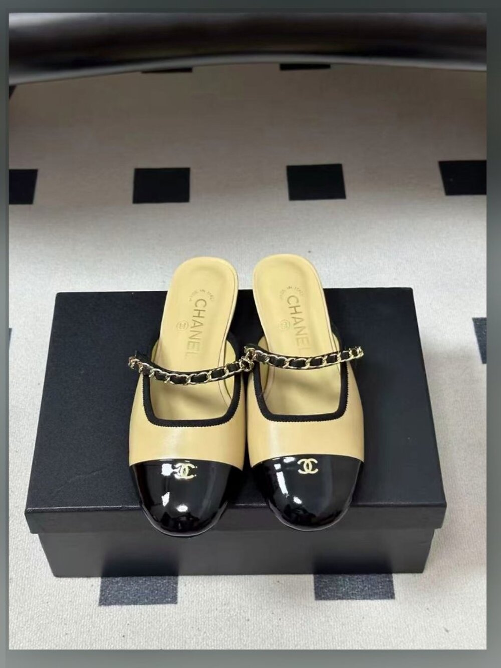 CHANEL Beige Black Cap Toe Chain Mules
